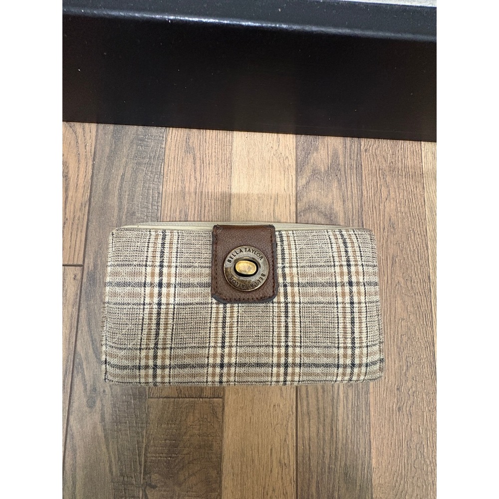 Bella Taylor Plaid Cash System Wallet Budget Organizer Tan Brown Turn Lock